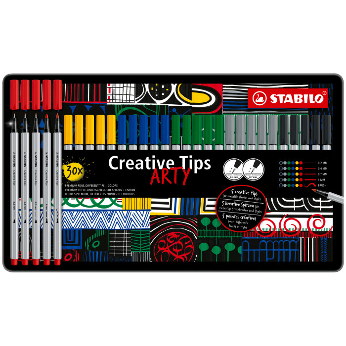 STABILO Set Multi Liner CREATIVE TIPS Scatola In Metallo 30 Pezzi